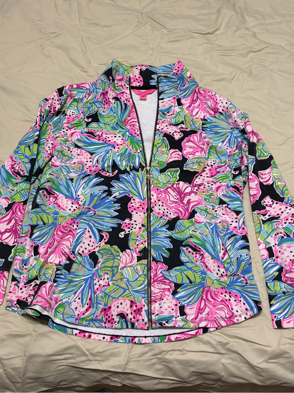 Lilly Pulitzer Black Floral Zip Bomber Jacket with Pink & Blue Accents